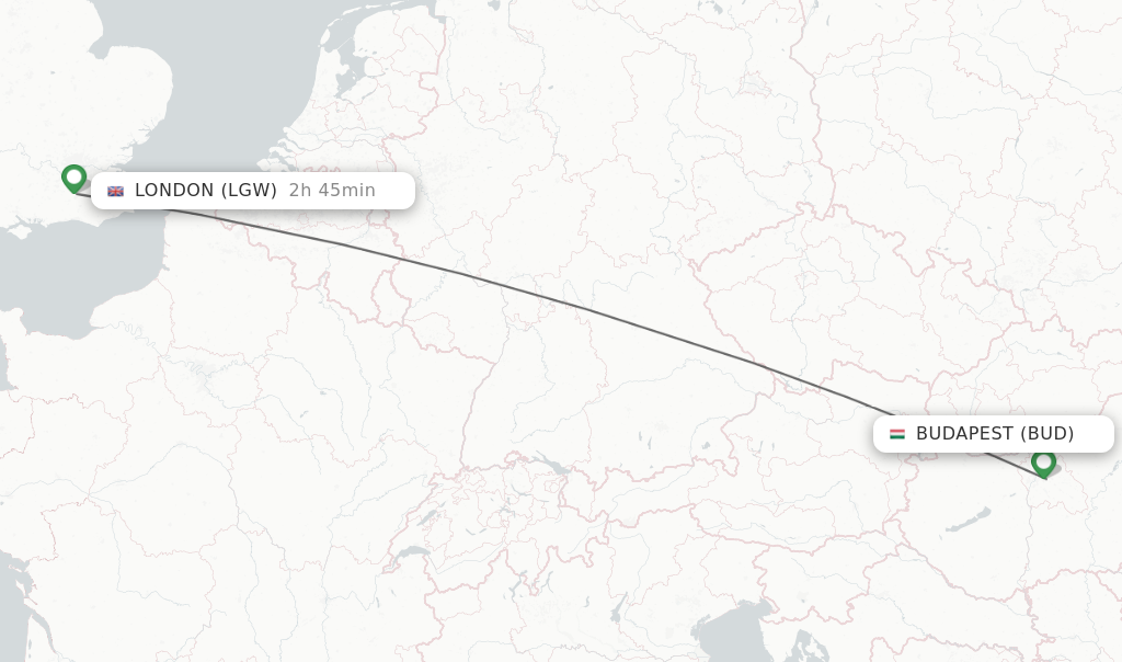 Flights from Budapest to London route map