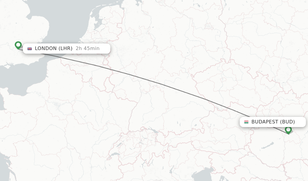 Flights from Budapest to London route map