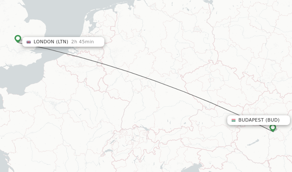 Flights from Budapest to London route map