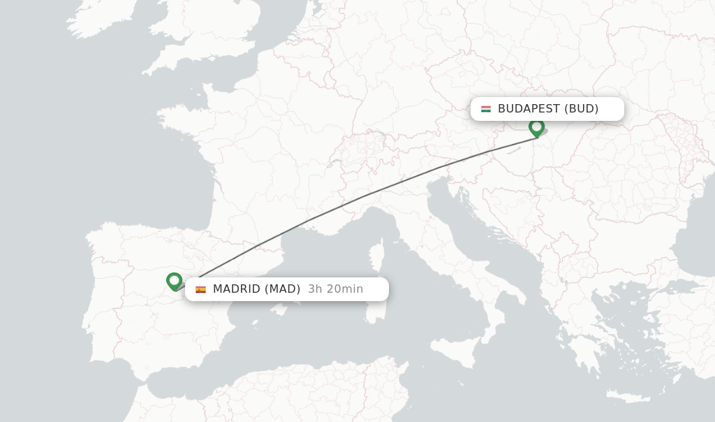 Flights from Budapest to Madrid route map