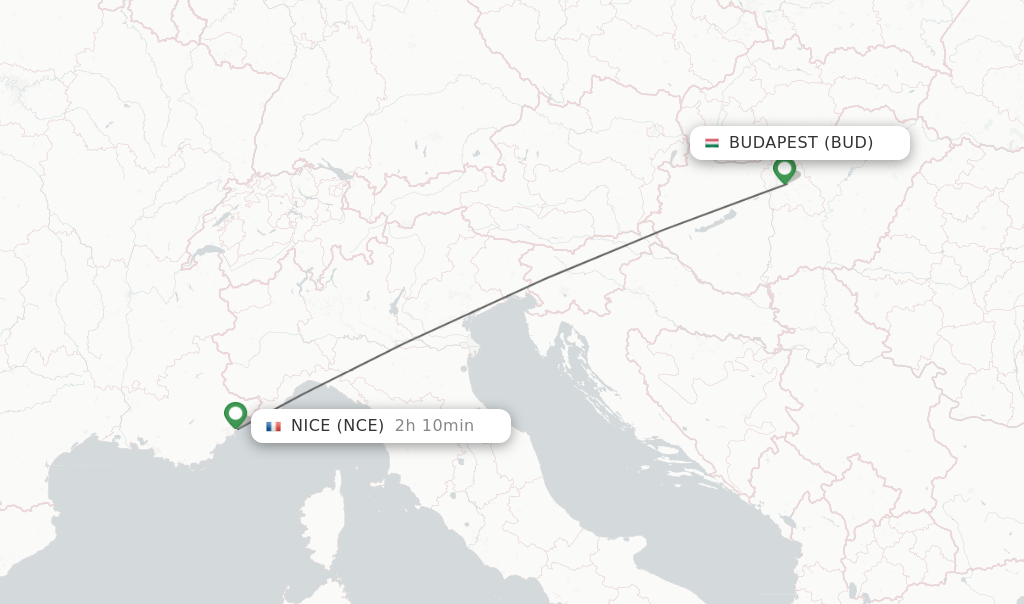 Flights from Budapest to Nice route map
