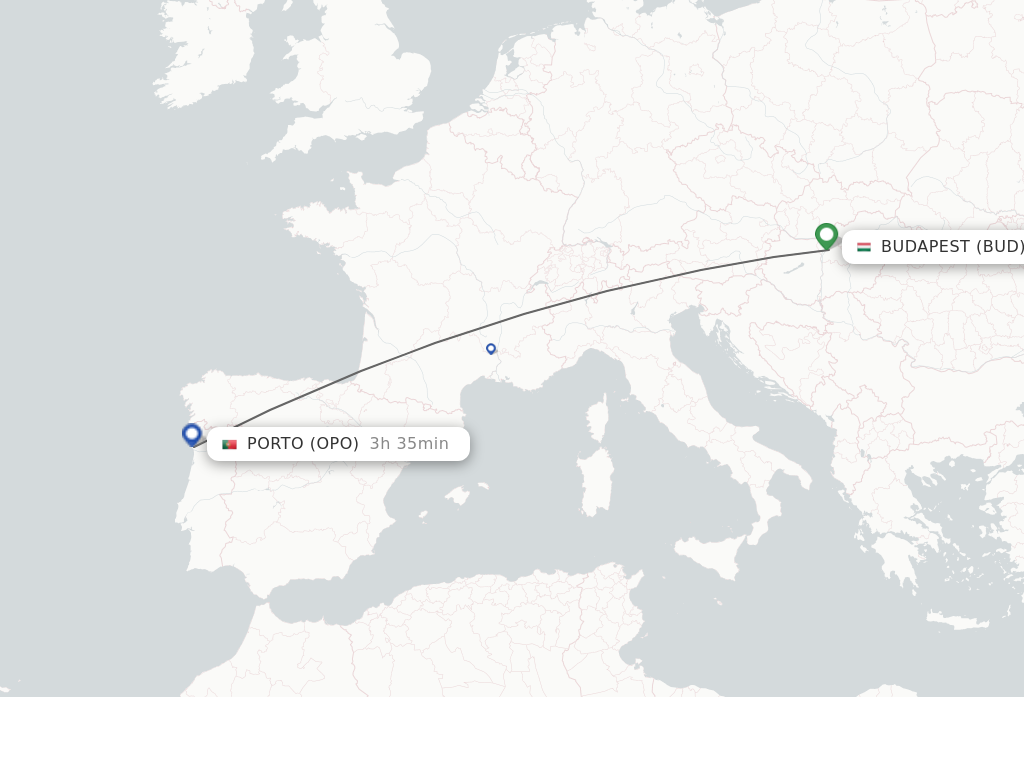 Flights from Budapest to Porto route map