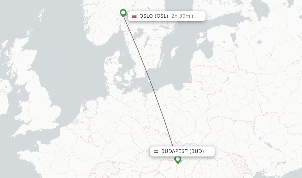 Flights from Budapest to Oslo route map