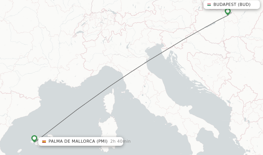 Flights from Budapest to Palma de Mallorca route map