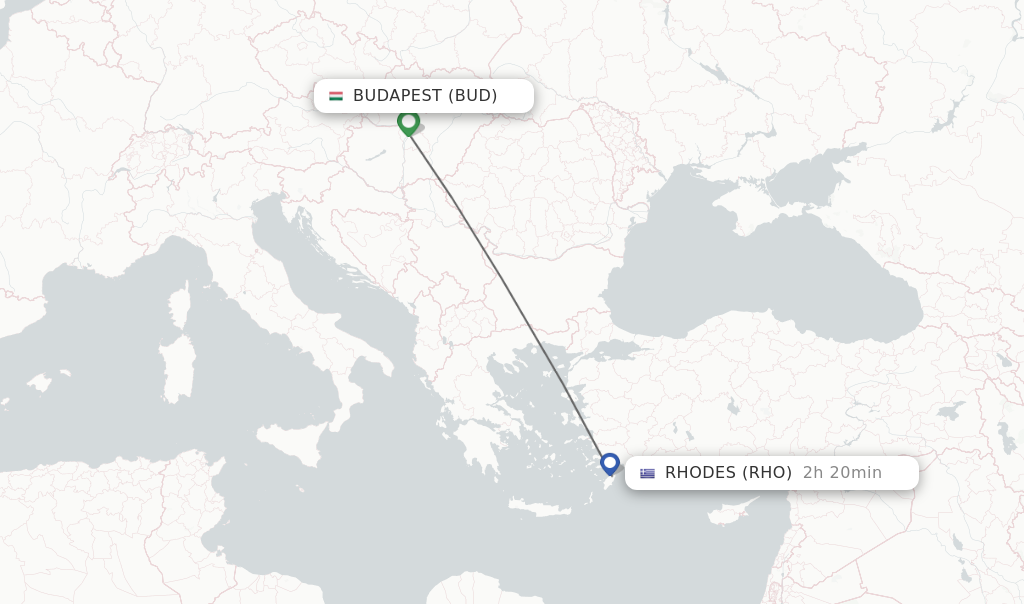 Flights from Budapest to Rhodes route map