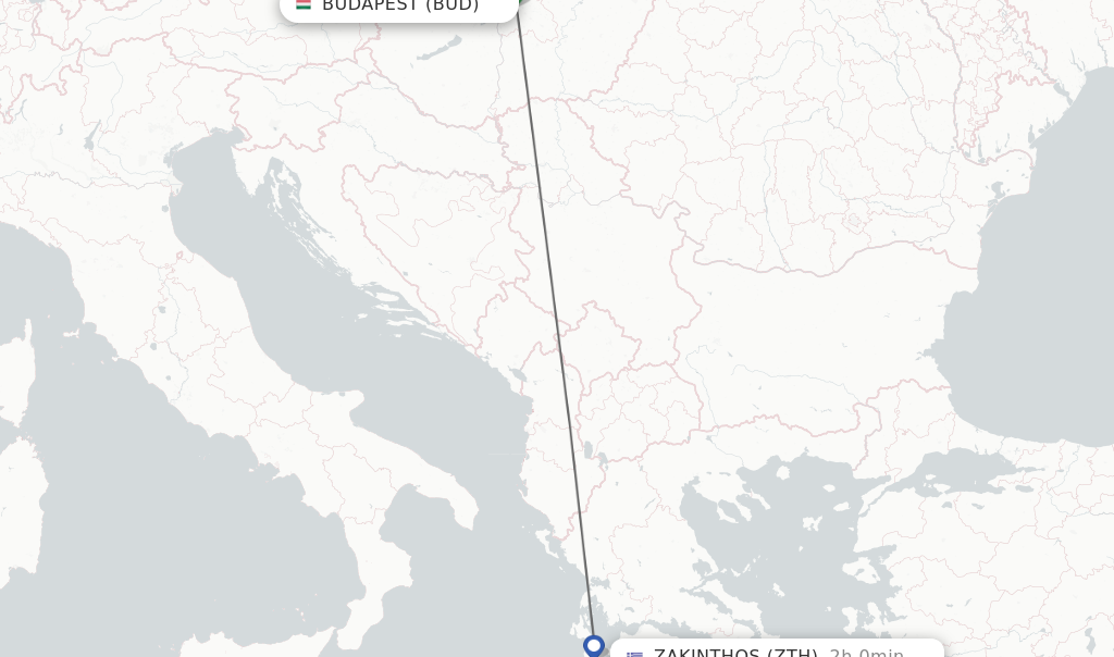 Flights from Budapest to Zakinthos route map