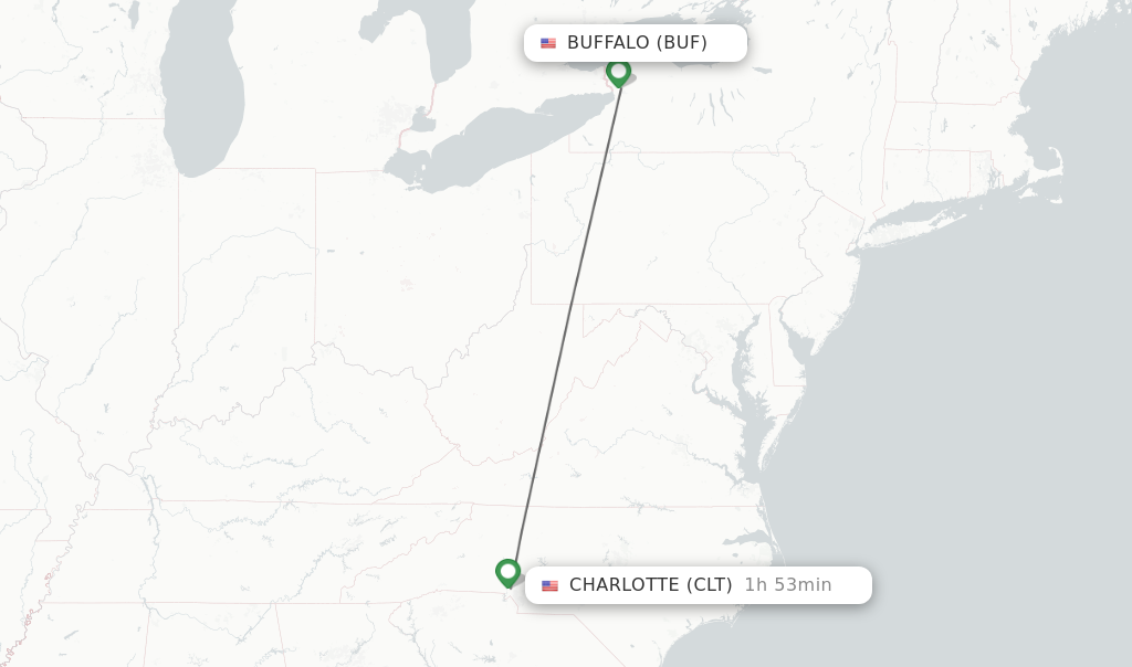 Flights from Buffalo to Charlotte route map