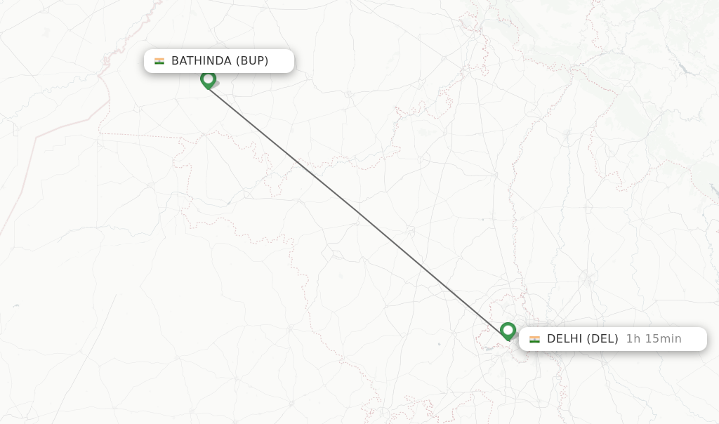 Flights from Bathinda to Delhi route map