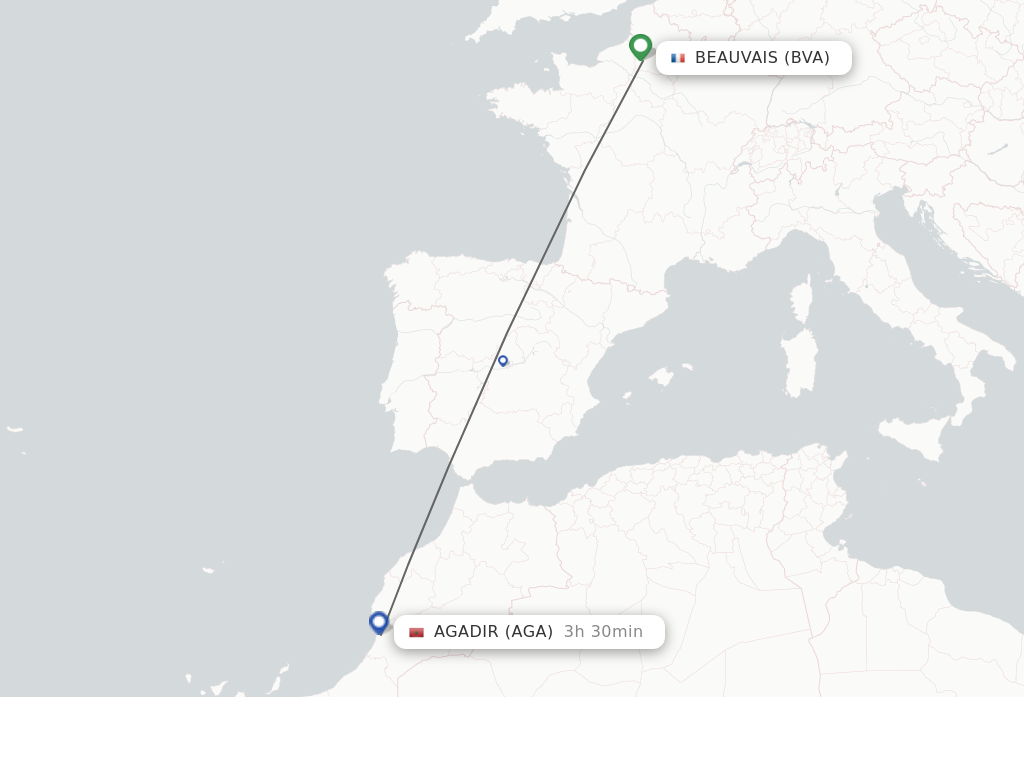 Flights from Paris to Agadir route map