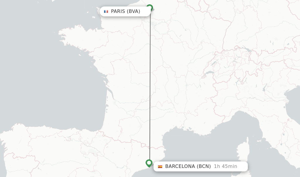 Flights from Paris to Barcelona route map