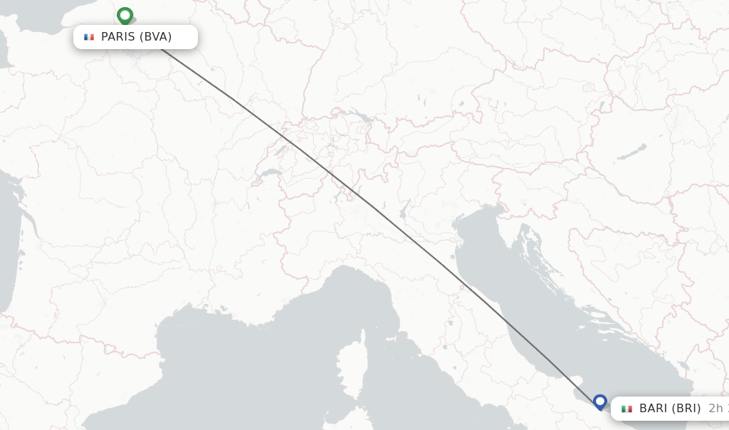 Flights from Paris to Bari route map