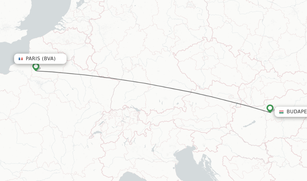 Flights from Paris to Budapest route map