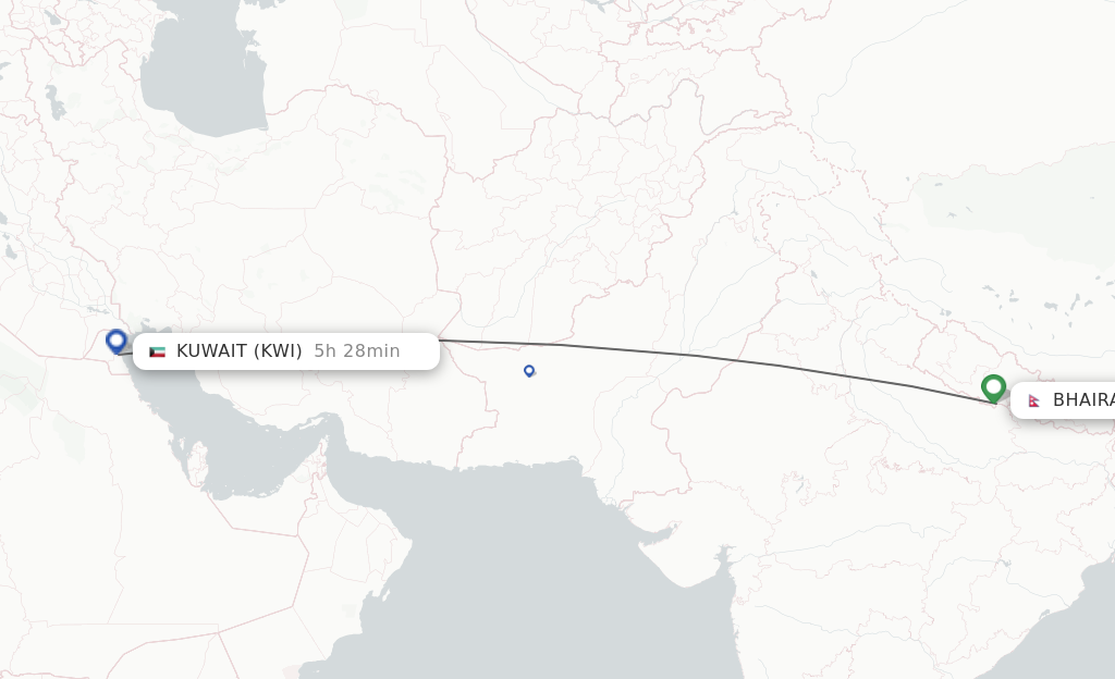 Flights from Bhairawa to Kuwait route map