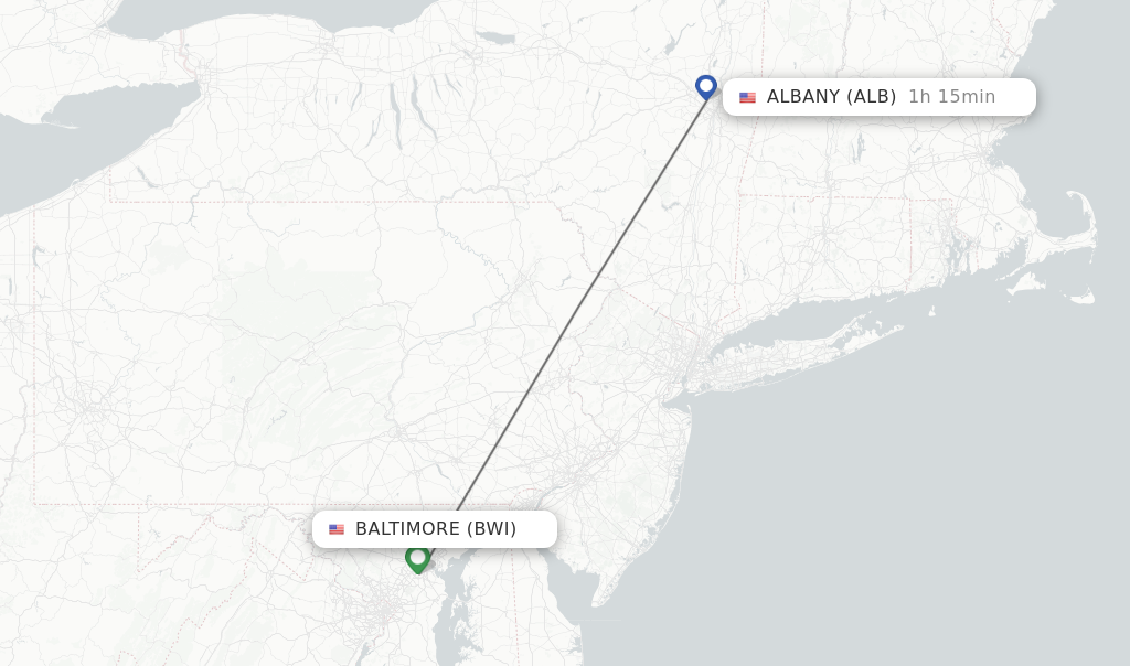Flights from Baltimore to Albany route map