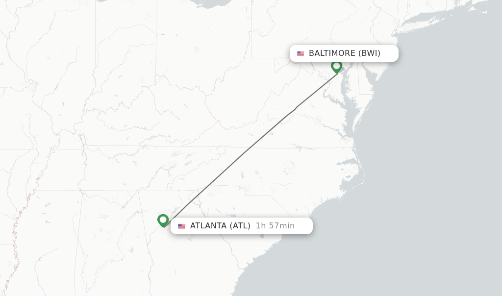 Flights from Baltimore to Atlanta route map