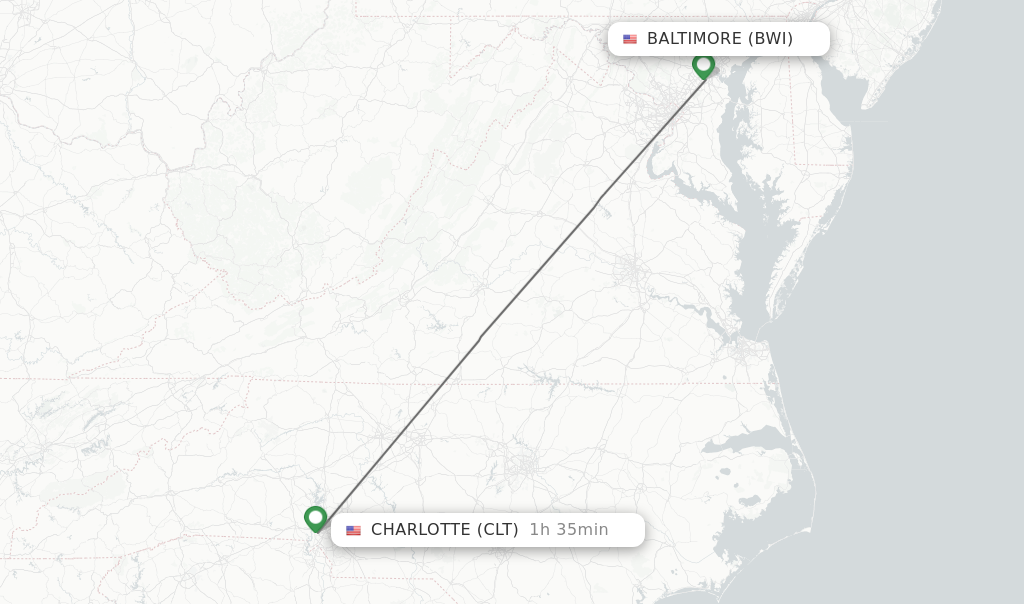 Flights from Baltimore to Charlotte route map