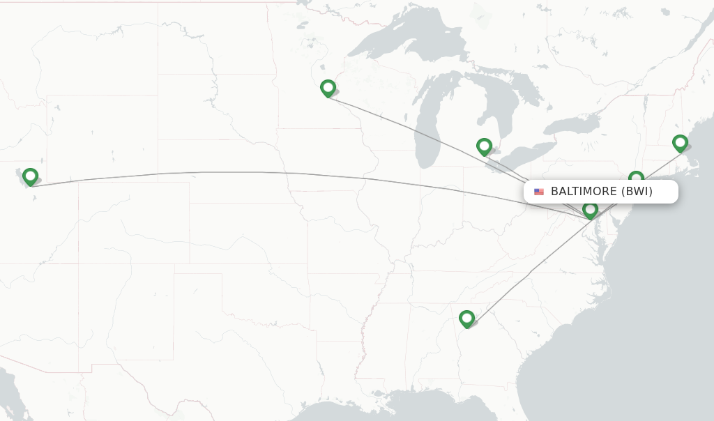 Route map with flights from Baltimore with Delta