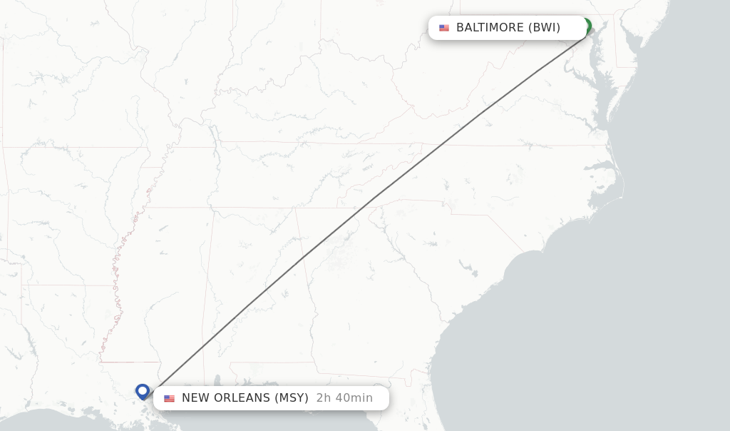 Flights from Baltimore to New Orleans route map