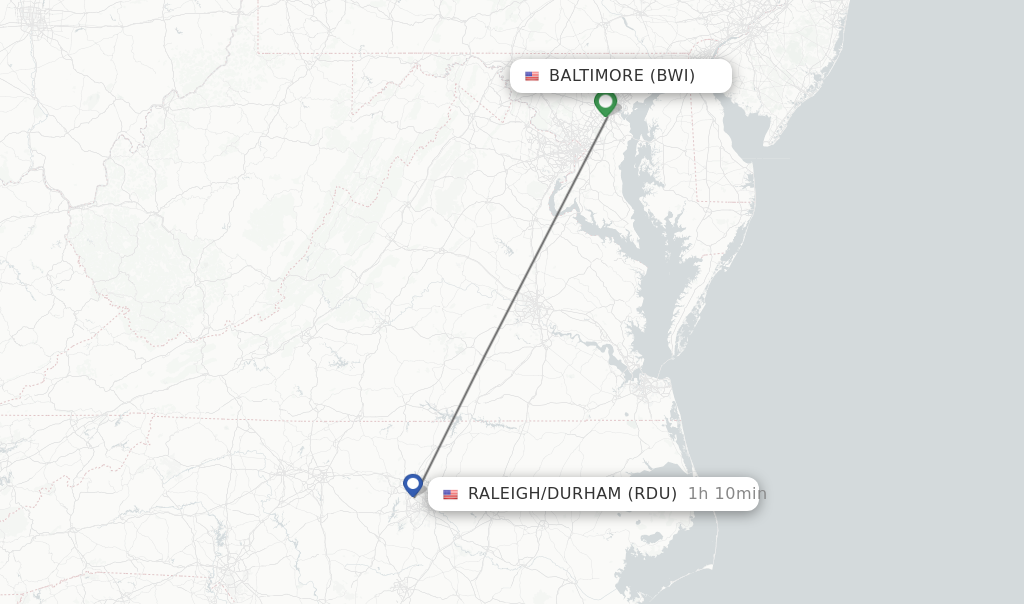 Flights from Baltimore to Raleigh/Durham route map