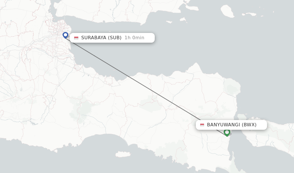 Flights from Banyuwangi to Surabaya route map