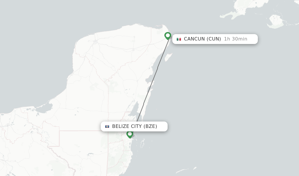 Flights from Belize City to Cancun route map
