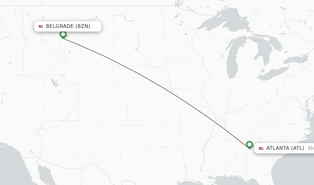 Flights from Bozeman to Atlanta route map