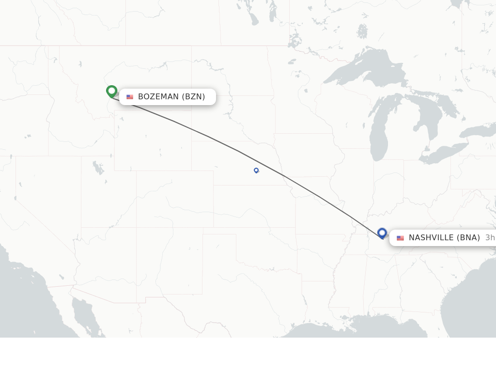 Flights from Bozeman to Nashville route map