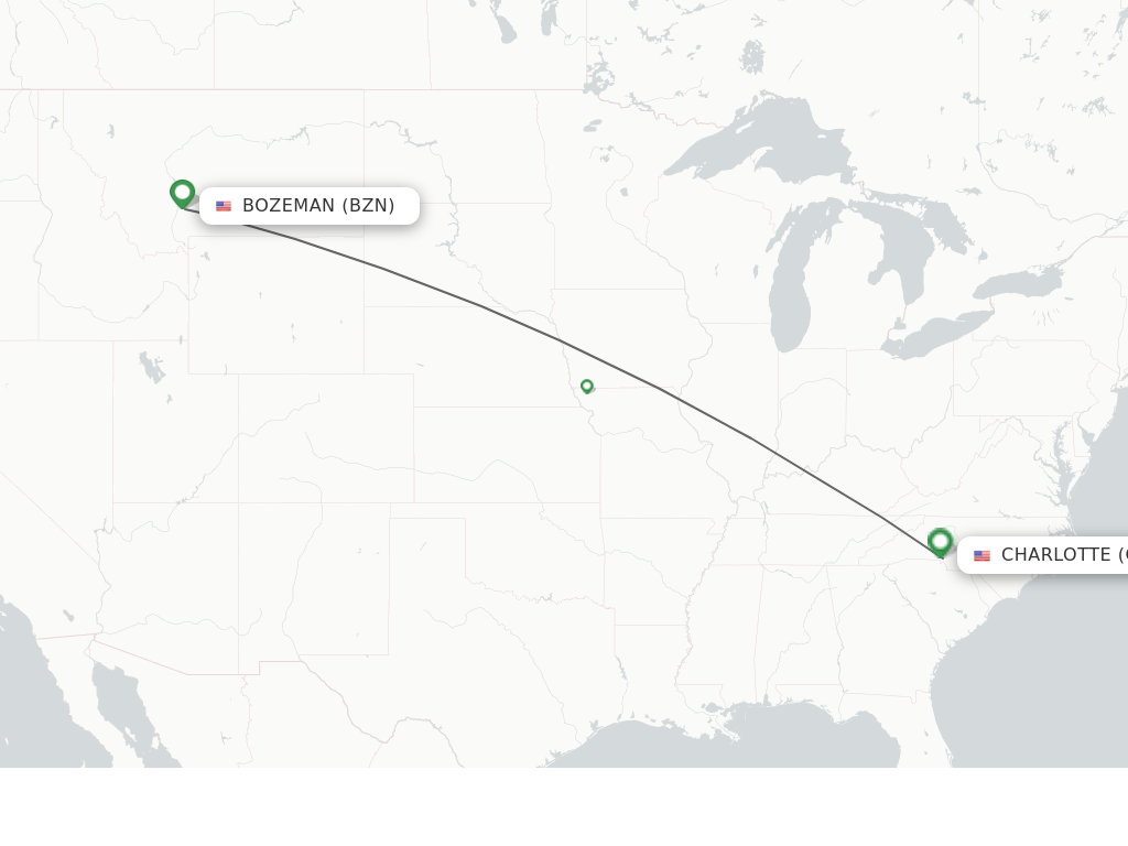 Flights from Bozeman to Charlotte route map