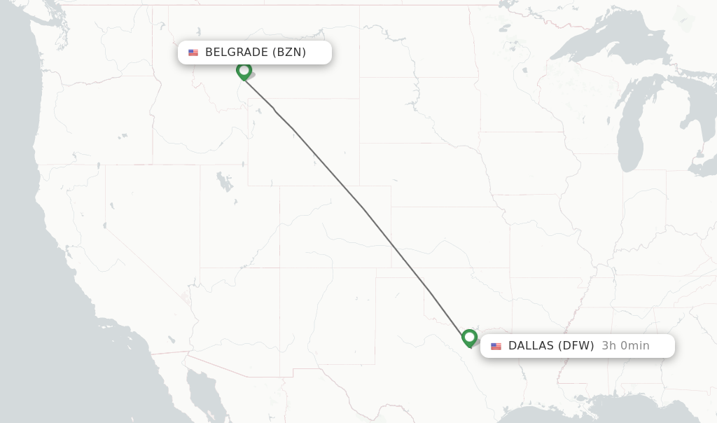 Flights from Bozeman to Dallas route map