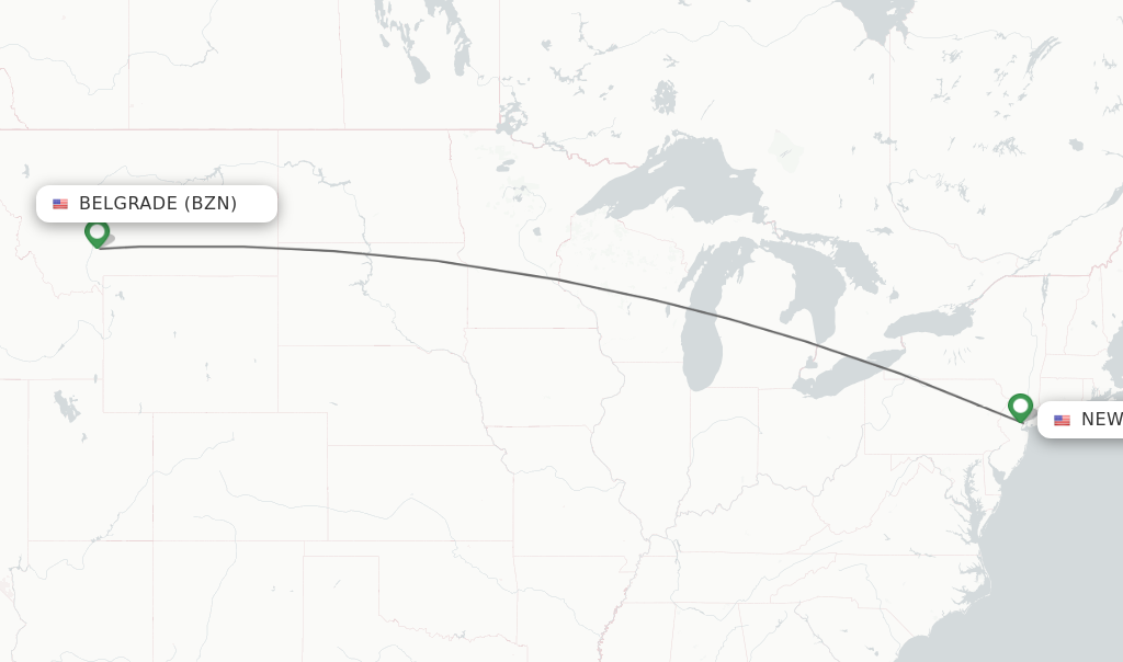 Flights from Bozeman to New York route map