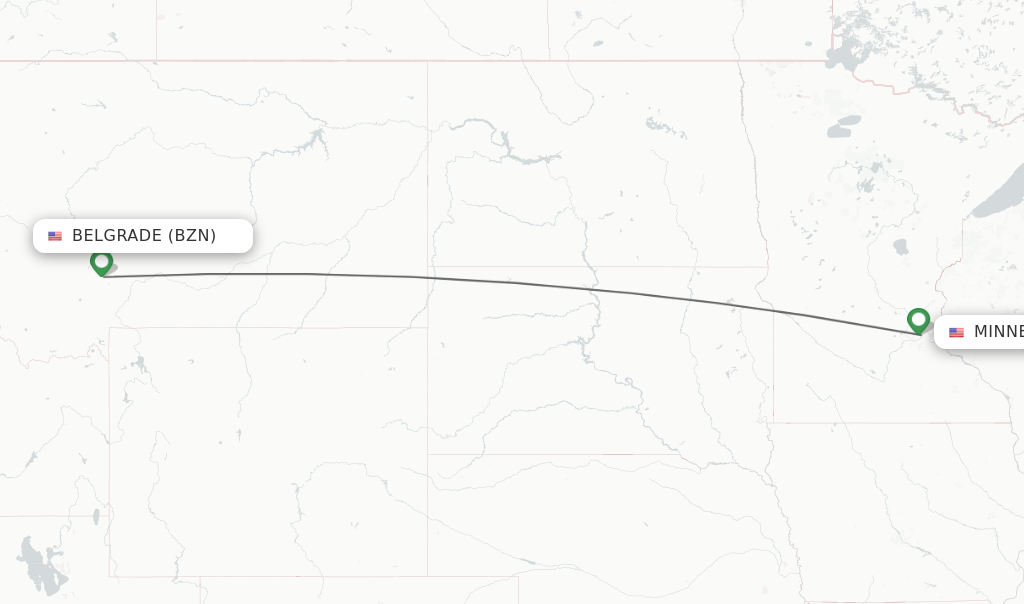 Flights from Bozeman to Minneapolis route map