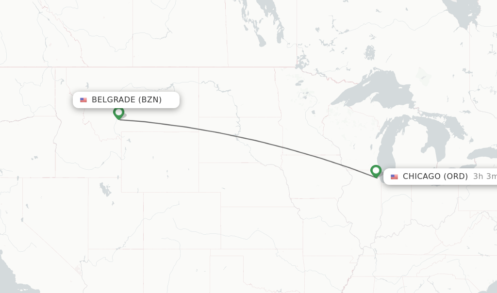 Flights from Bozeman to Chicago route map