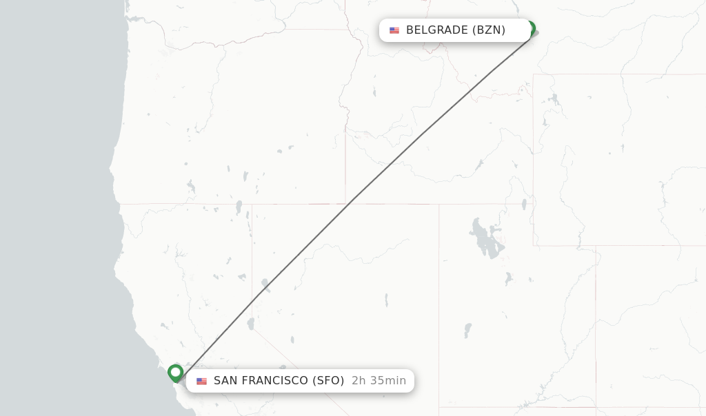 Flights from Bozeman to San Francisco route map