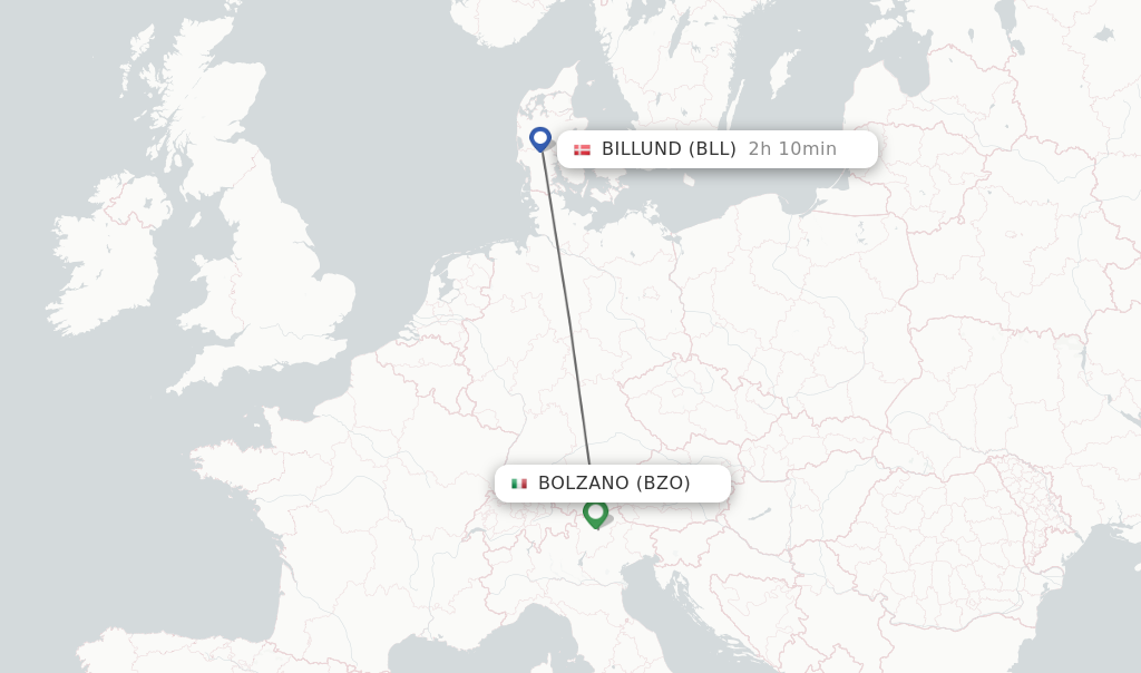 Flights from Bolzano to Billund route map