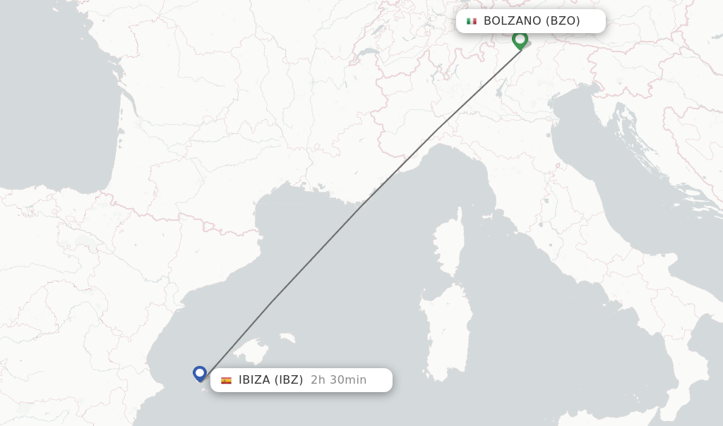 Flights from Bolzano to Ibiza route map