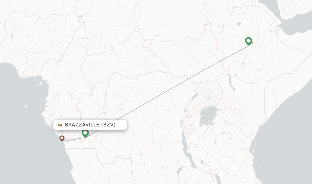 Route map with flights from Brazzaville with Ethiopian