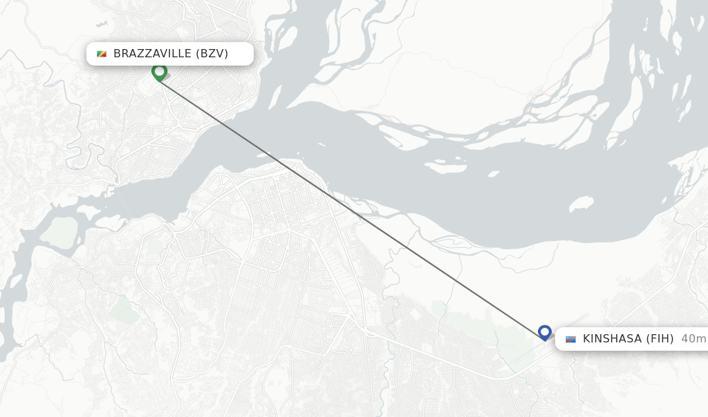 Flights from Brazzaville to Kinshasa route map