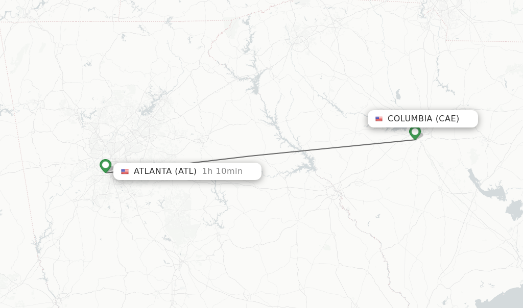 Flights from Columbia to Atlanta route map