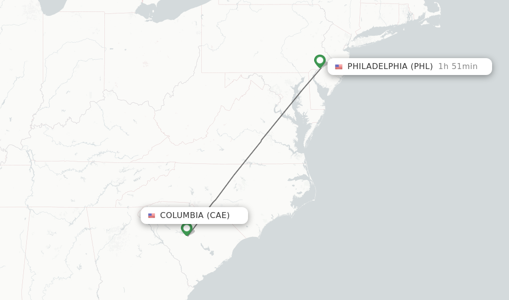 Flights from Columbia to Philadelphia route map