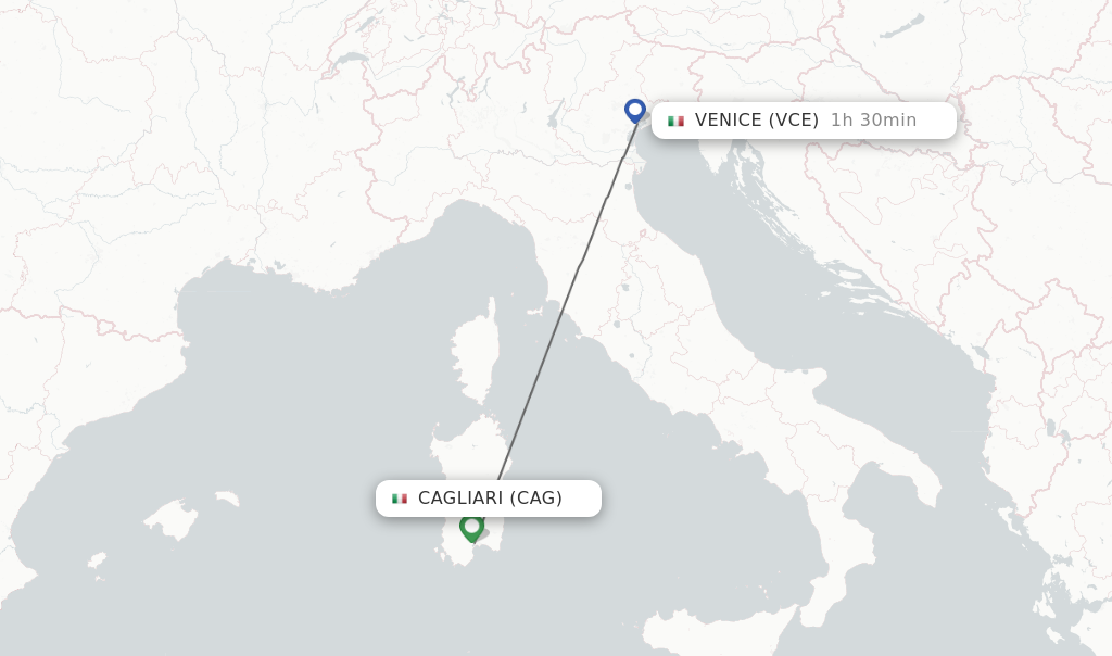 Flights from Cagliari to Venice route map