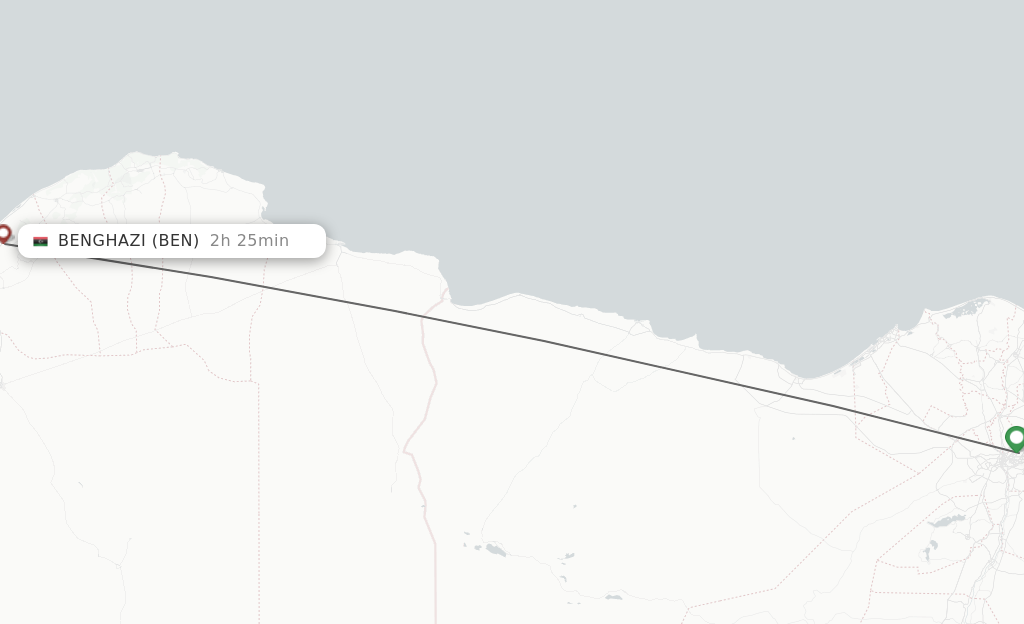 Flights from Cairo to Benghazi route map
