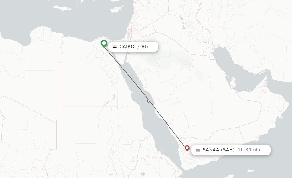 Flights from Cairo to Sana'a route map
