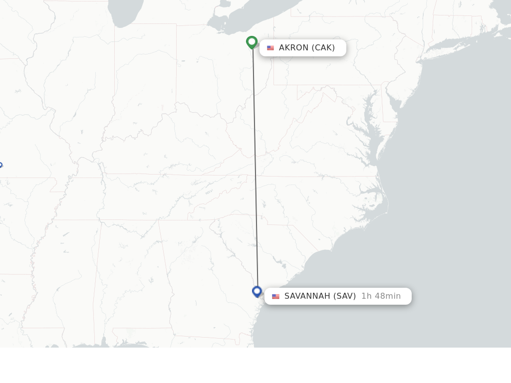 Flights from Akron to Savannah route map