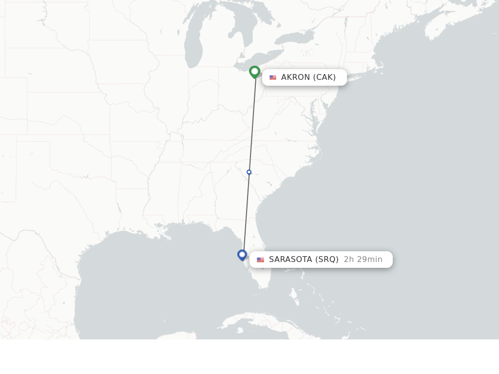 Flights from Akron to Sarasota route map