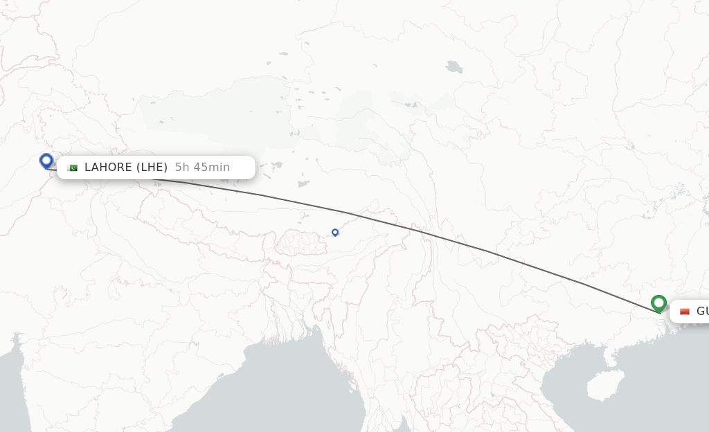Flights from Guangzhou to Lahore route map