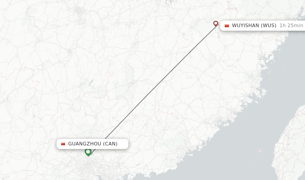 Flights from Guangzhou to Wuyishan route map