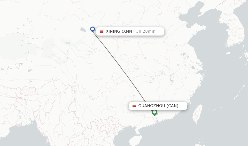 Flights from Guangzhou to Xining route map