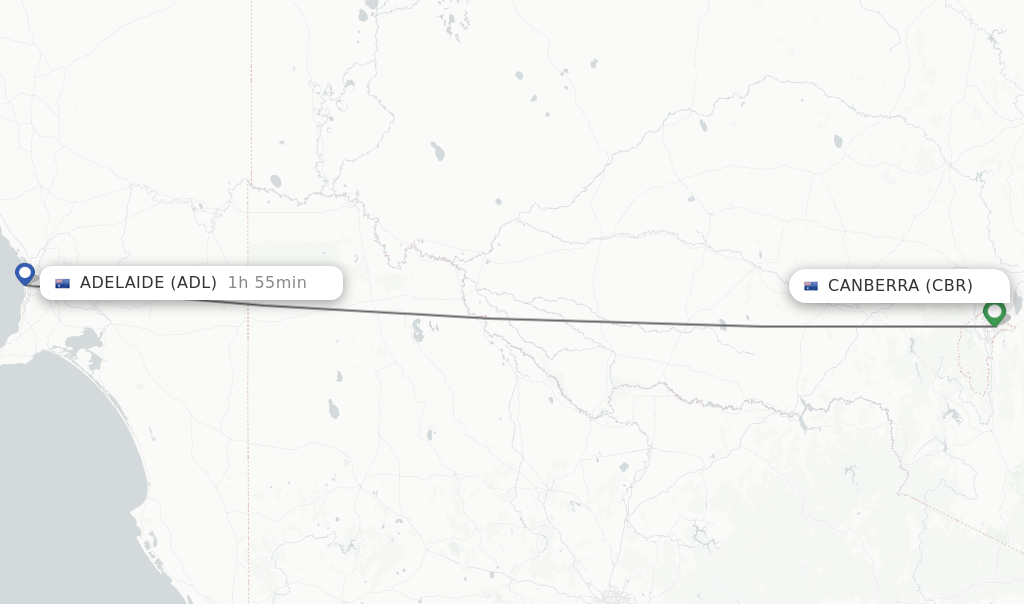 Flights from Canberra to Adelaide route map