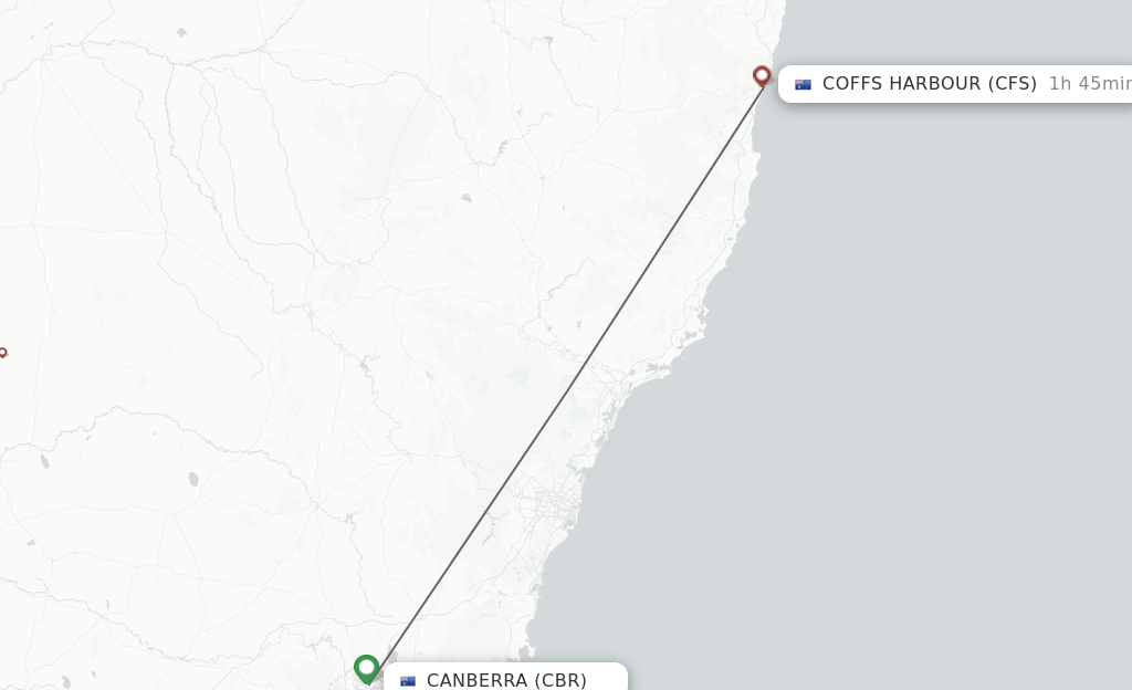 Flights from Canberra to Coffs Harbour route map
