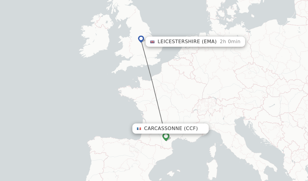 Flights from Carcassonne to Leicestershire route map
